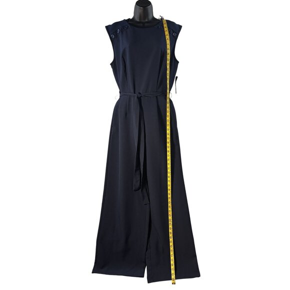 Sleeveless Navy Blue Wide-Leg Jumpsuit With Button Details & Belted Waist - Picture 3 of 8